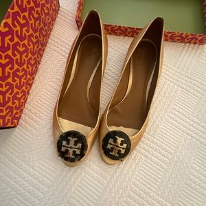 Tory Burch gold low wedge